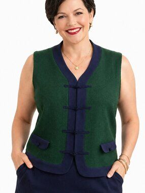 MEDIUM vest TALBOTS Blue & green classic vintage lined vest, faux pockets.